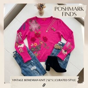 Rene Derhy Pink Sequin & 3D Felt Flower Embroidered Knit Sweater Size Small